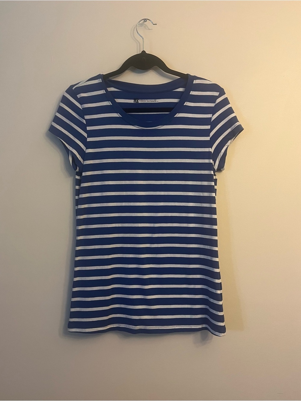 Valerie Bertinelli Blue and White Striped Short Sleeve Tee